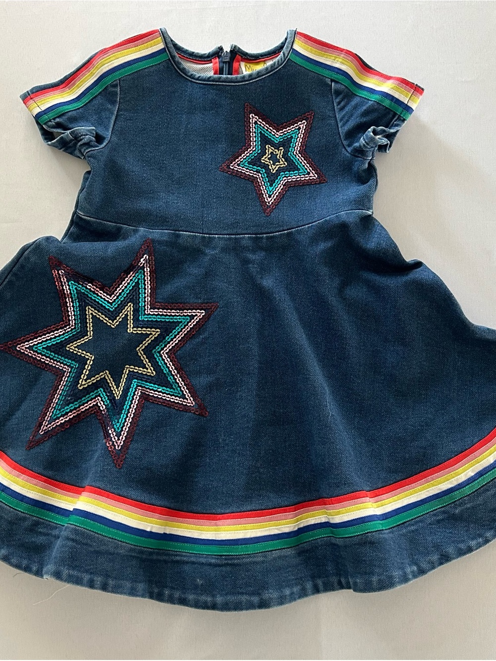 Mini Boden Navy Dress with Rainbow Trim and Star Appliques EUC